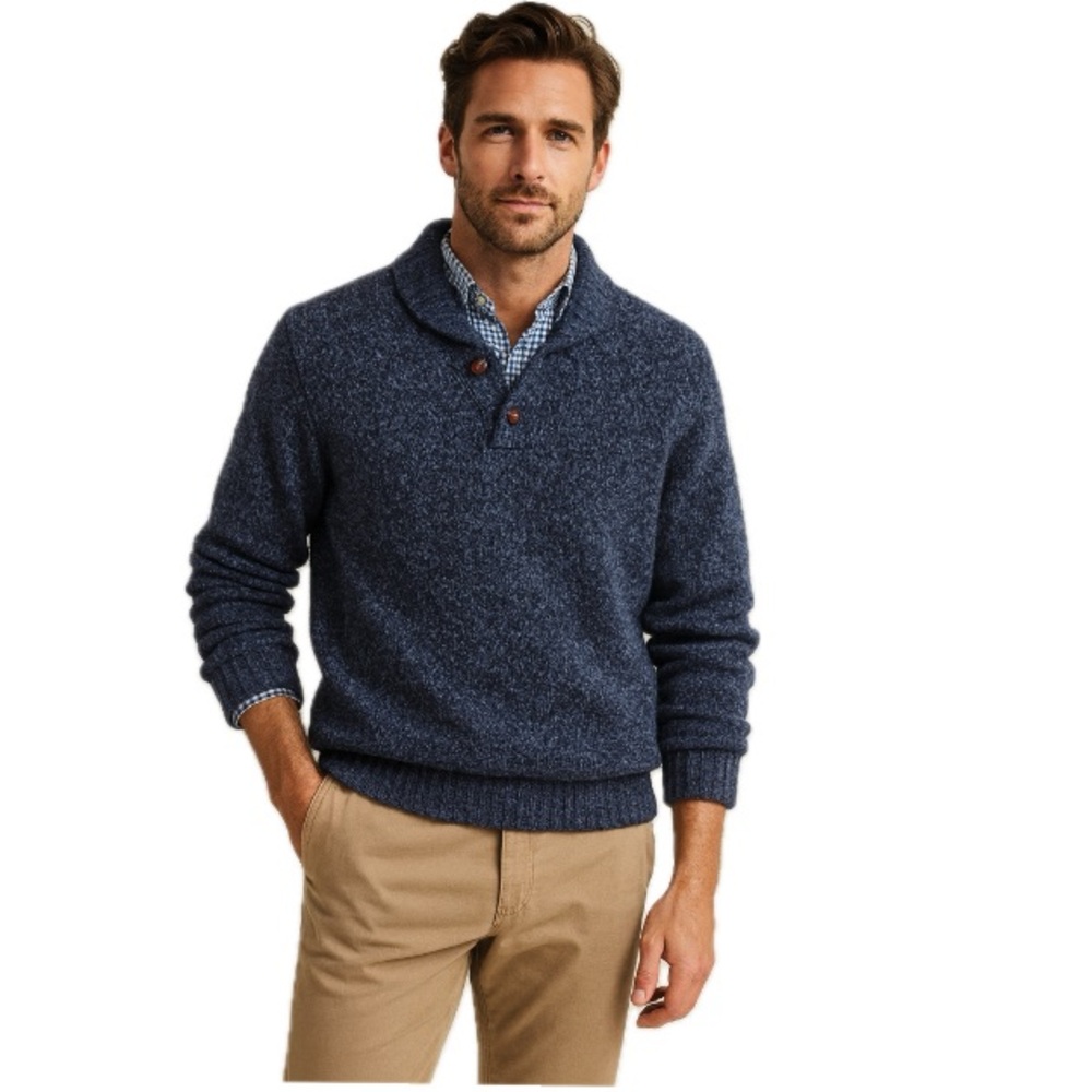 L.L.Bean Men’s Lambswool Shawl Collar Sweater – Blue – Size M